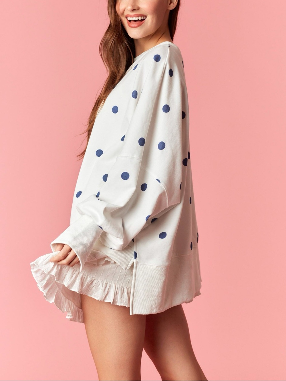 Voguish Comfy Crewneck Oversized Pullover Top - Navy Polka Dots - Picture 5 of 9